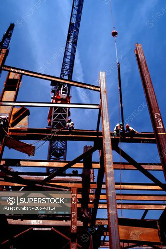 Construction workers high above ground on steel beams with a large crane behind the skeletal structure of the future building. 