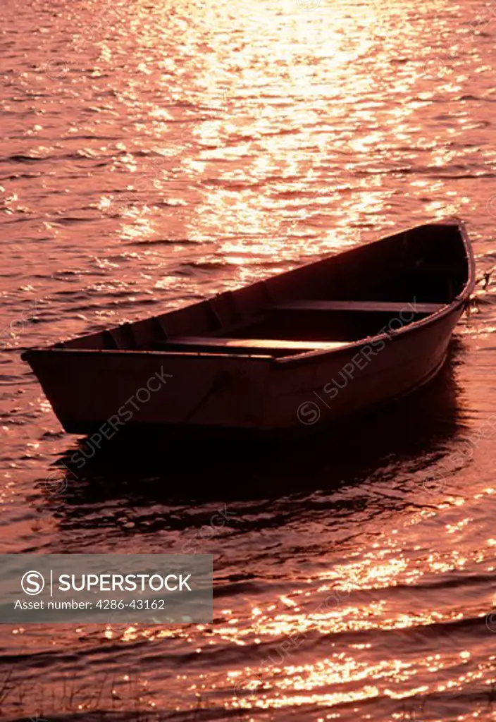 Late afternoon sun lights up a row boat floating in the water, East Marion, NY. 