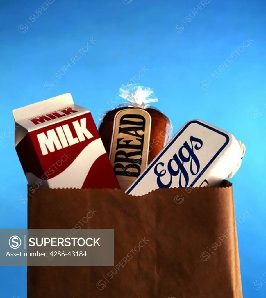 Grocery staples, milk, bread, eggs.