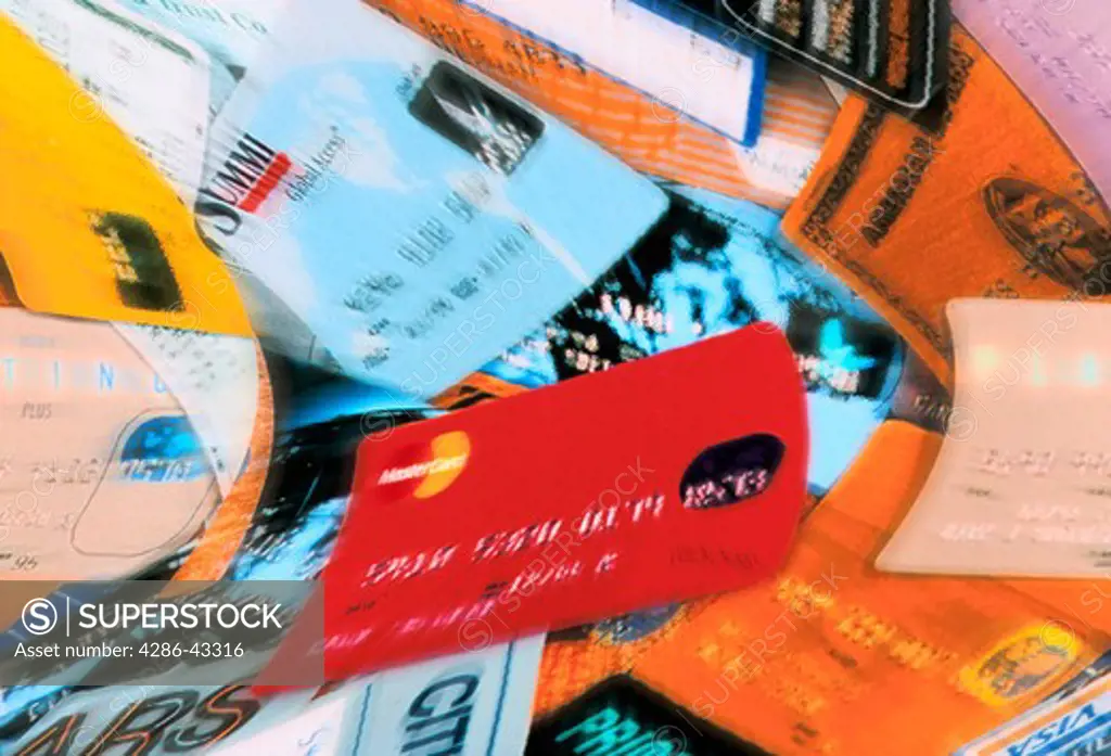 Group of credit cards distorted by special effects.