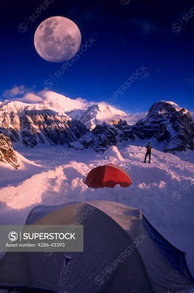 Winter camping with moon