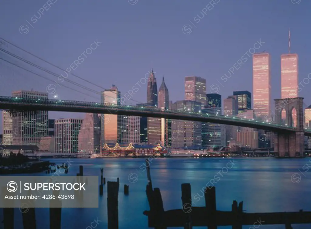 New York City skyline at night showing lower east side of Manhattan.