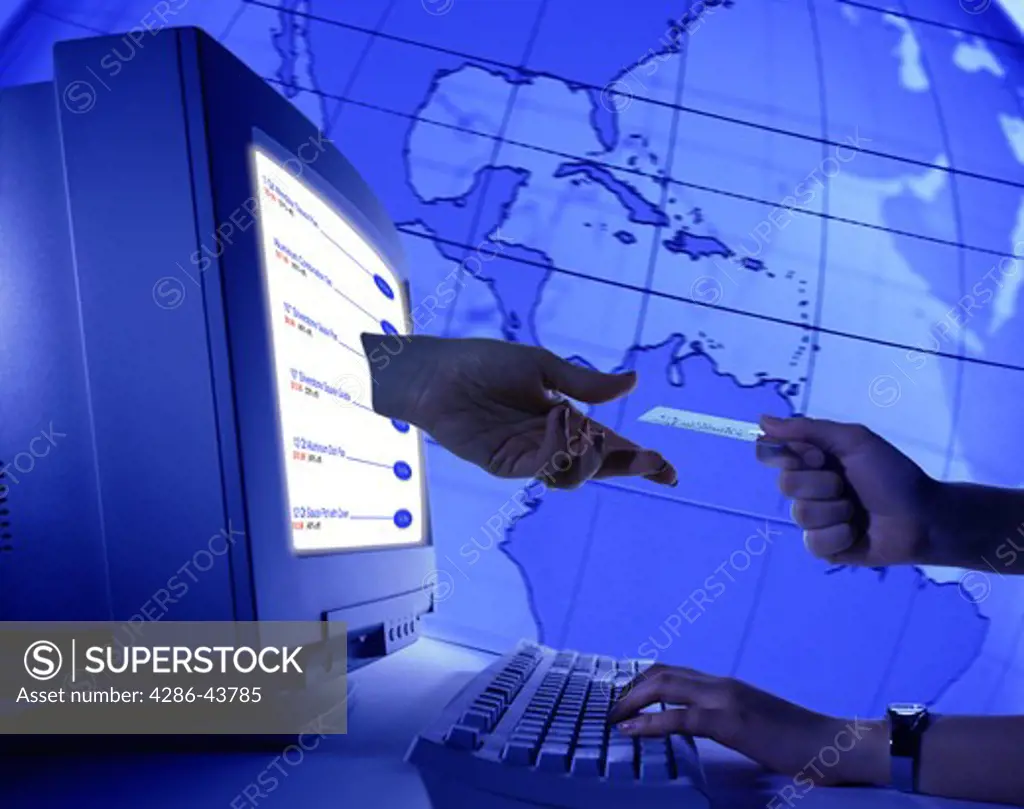 Computer-generated image of a hand reaching out of a computer monitor to take a credit card from an e-commerce consumer with a world map in the background.