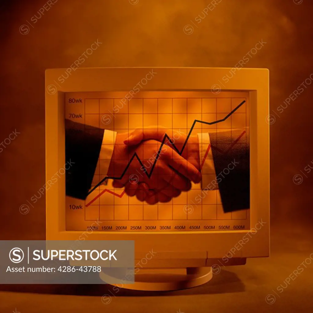 Computer-generated montage of a computer monitor with an image of a handshake and a rising line on a graph.