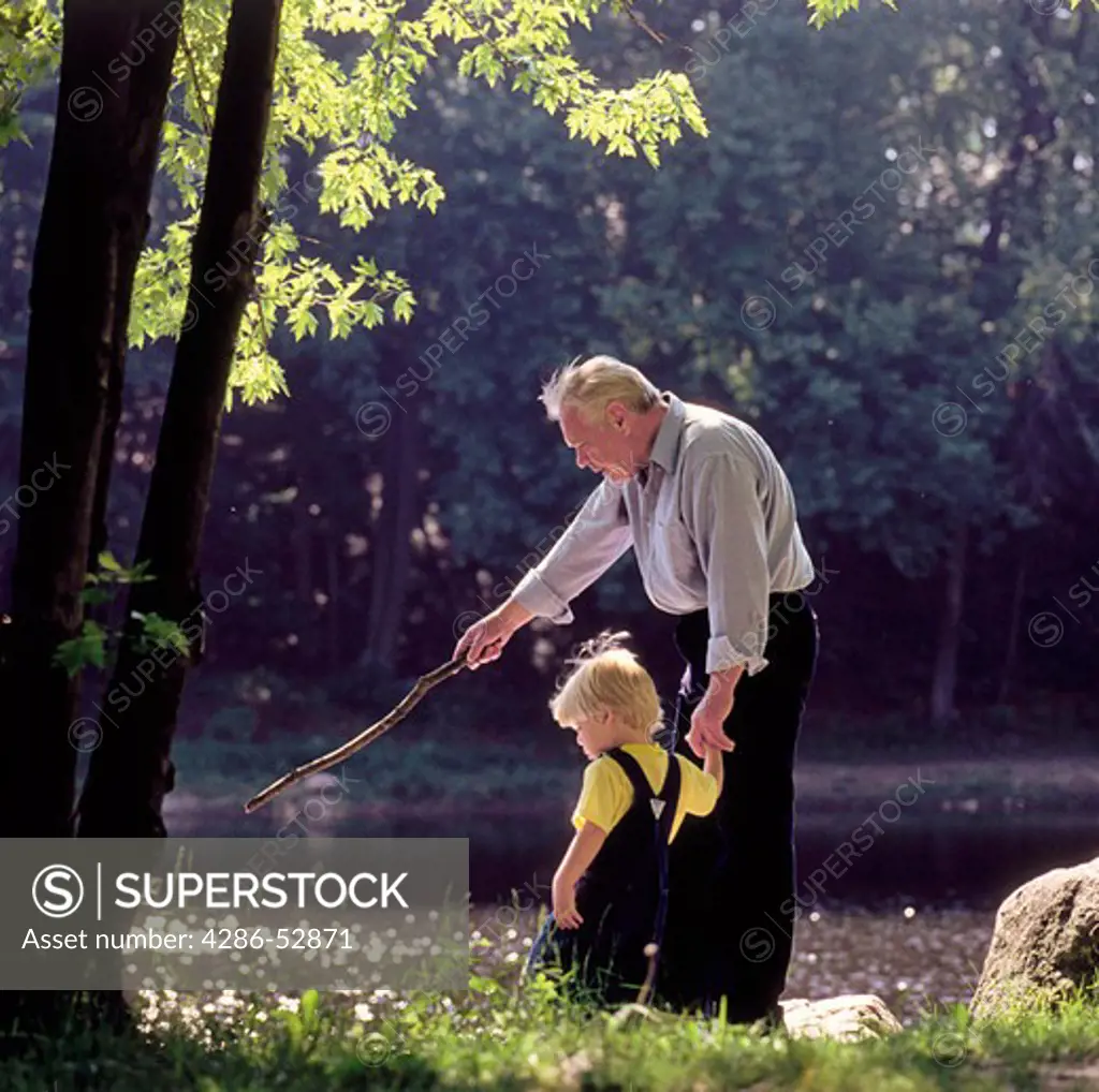 A grandfather standing on the bank of a lake holding his grandson¡s hand and pointing to something in the water with a stick.