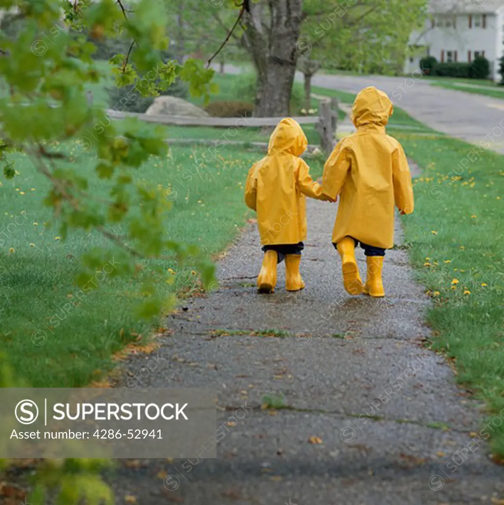 View from behind two young children wearing yellow rain coats and yellow rain boats holding hands while walking in the rain.