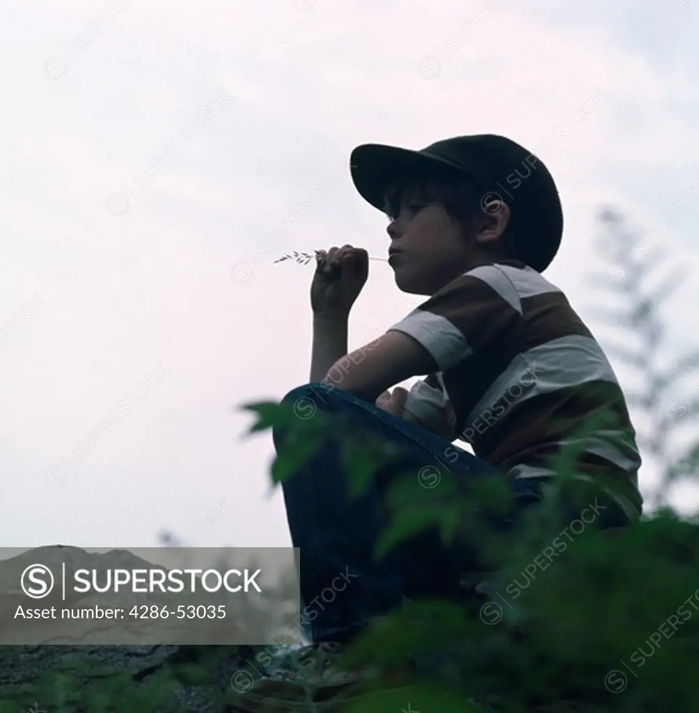 Side view of a young boy sitting on a rock and pondering while chewing on a grass straw with gray skies behind him. 
