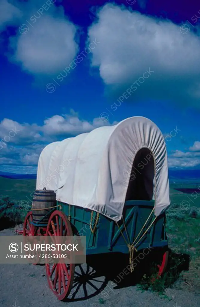 A covered wagon used at the Interpretive Center, Oregon Trail, Oregon.
