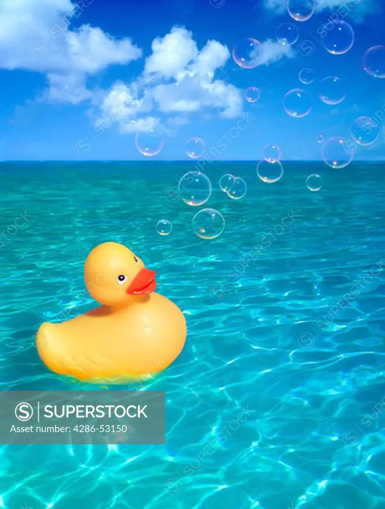 Cheerful yellow rubber duckie floating on calm water outdoors under blue sky with clouds and bubbles.