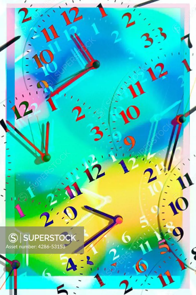Concept shot of multiple clock faces superimposed over multi-colored background.