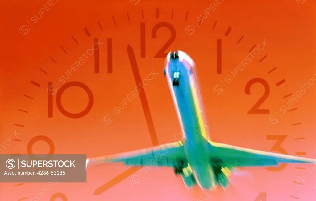 Concept shot of a jetliner climbing skyward superimposed over a clock face.