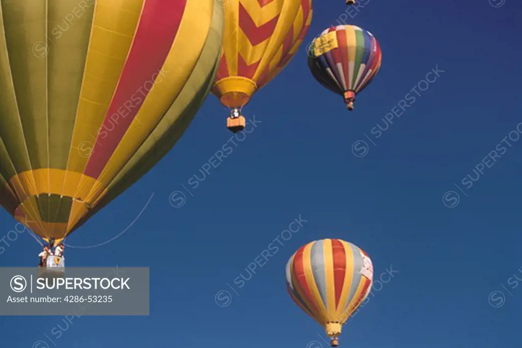 Four colorful hot air balloons rise into the clear blue sky over Santa Rosa, CA