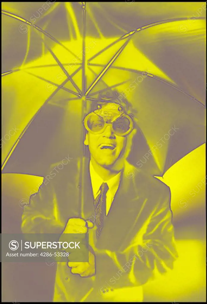 Businessman wearing goggles and carrying an umbrella, in yellow duotone.