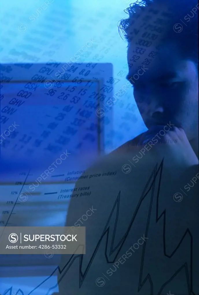 Composite of man with computer and stock quotes.