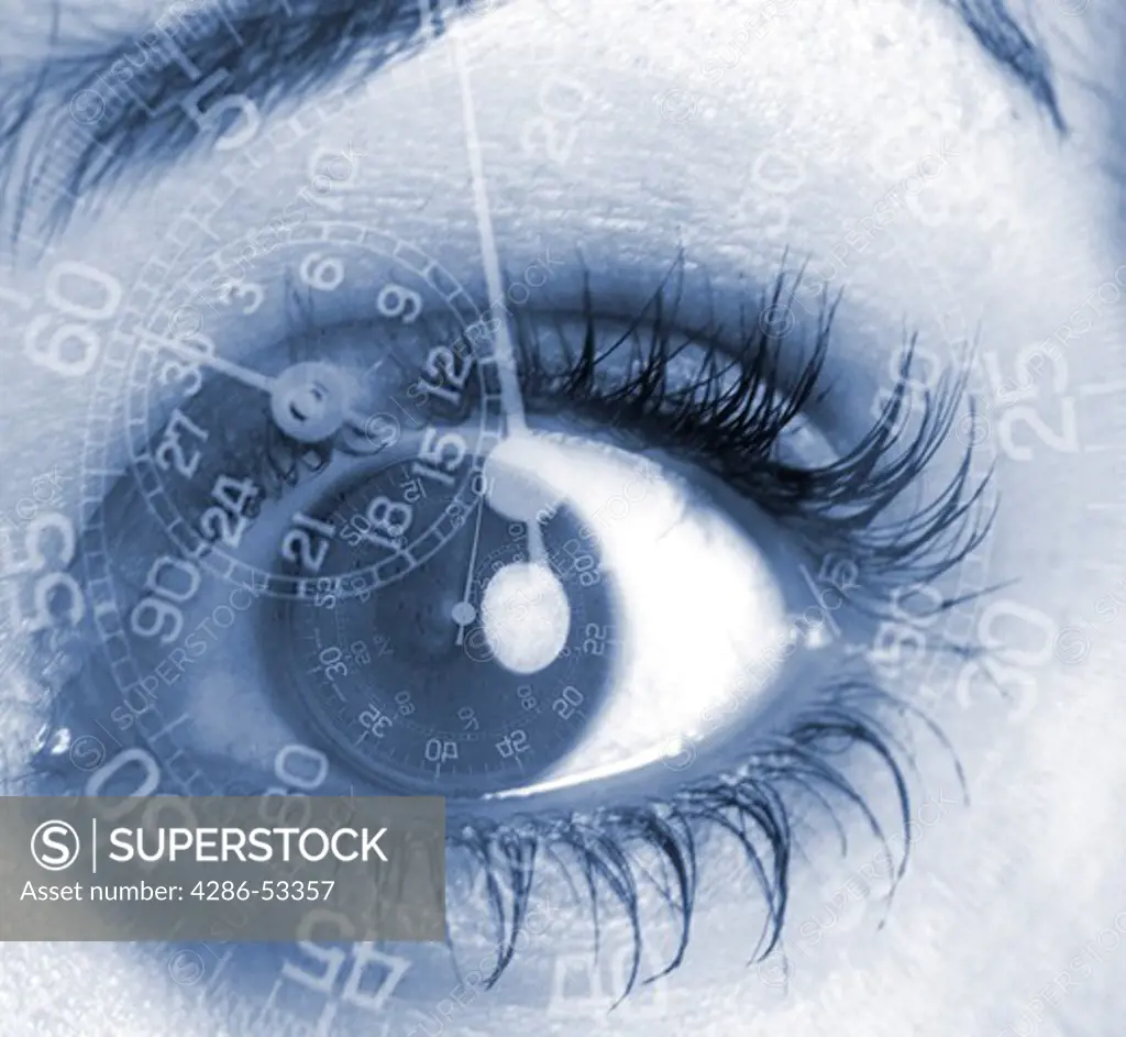 Several images of a stop watch are superimposed over a close-up image of a womans eye.