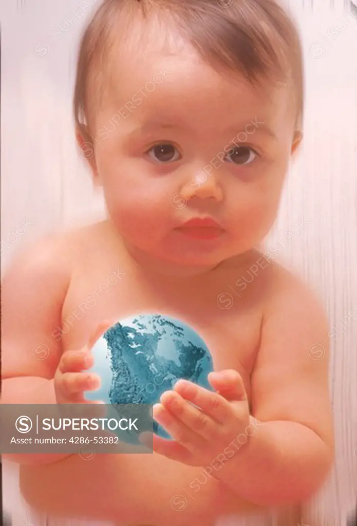 Portrait of a young baby holding the earth in its hands.