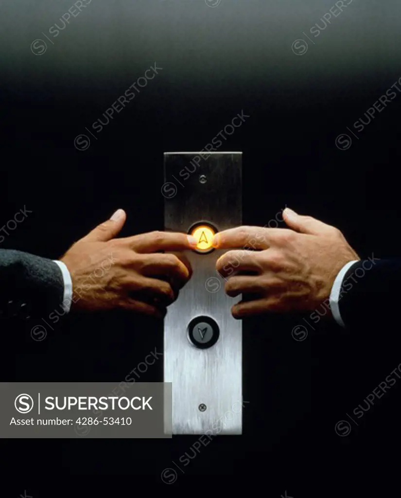 Two businessmen's hands pushing the UP button