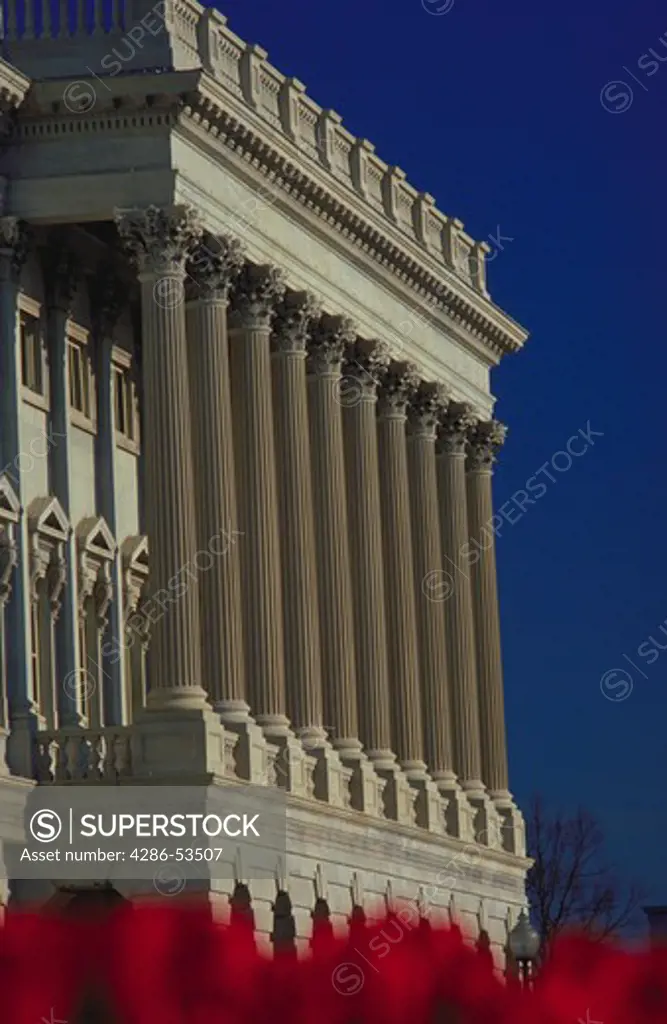 view of the columns and windows of the U.S. Capitol building, Washington, DC.
