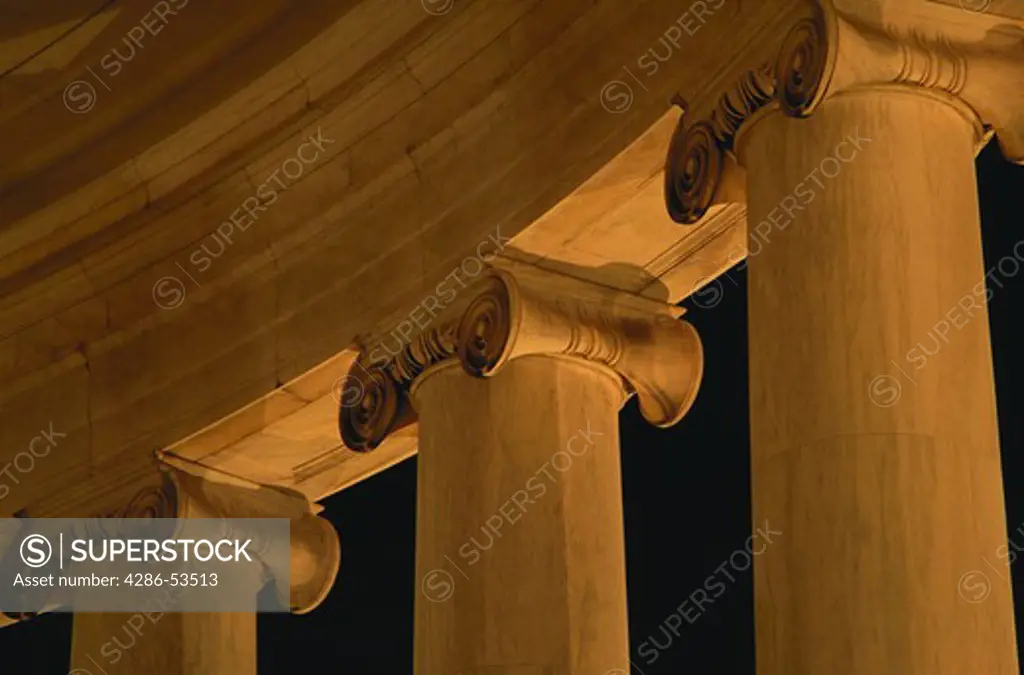 View of the top of columns and the top capitals of the Jefferson Memorial, Washington, DC.