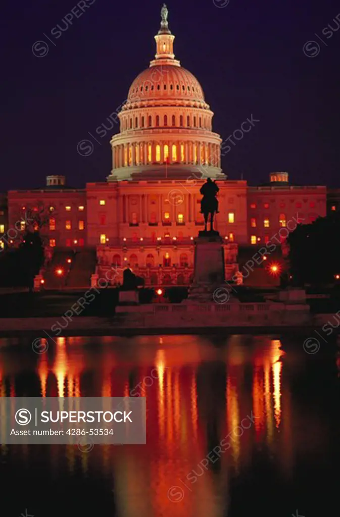 View of the West facade of the U.S. Capitol building at dusk, Washington, DC.