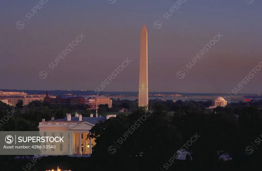 View of the White House, the Washington Monument and the Jefferson Memorial within the Washington, DC skyline.