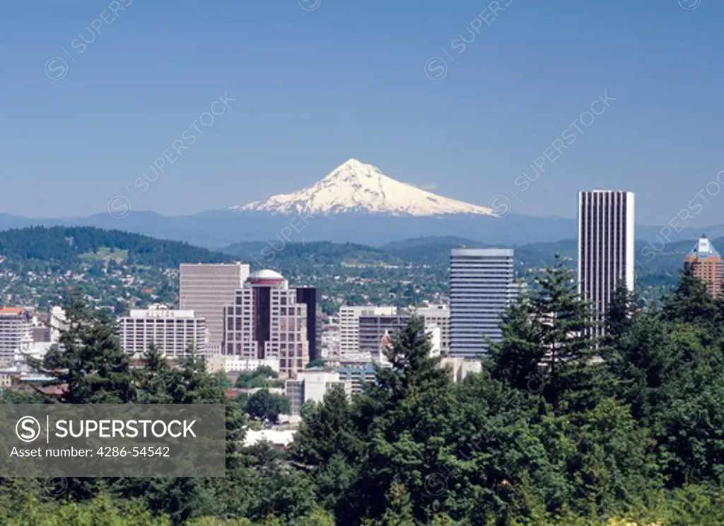 View of the Portland, Oregon skyline with a snowcapped Mount Hood rising in the background against a clear blue sky.