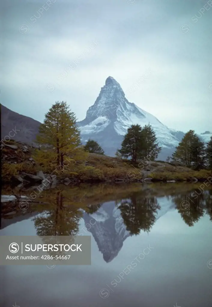 The Matterhorn reflected in the water of Stellisee, Sermatt, Switzerland.