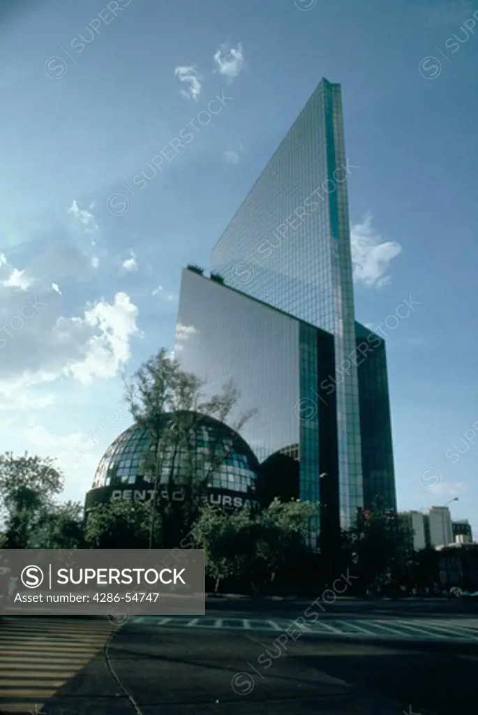 View looking up at the Stock Exchange building in Mexico City, Mexico.