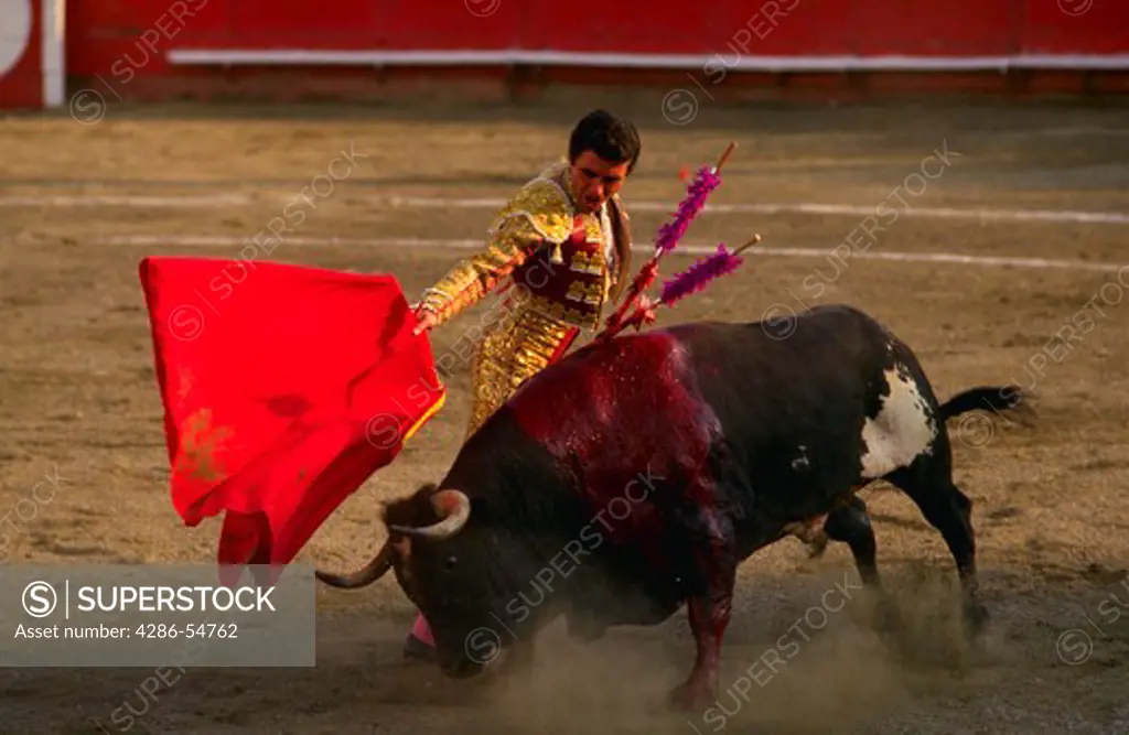 Matador and bull during bullfight in Caracas, Venezuela.