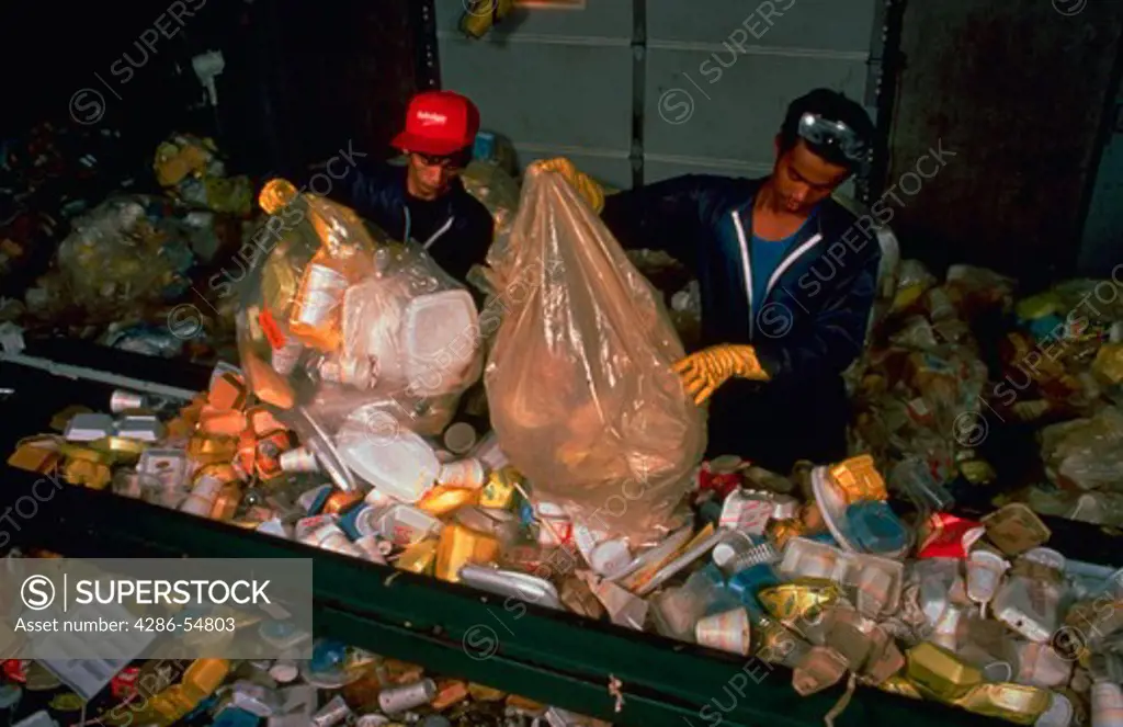 Workers open trash bags containing polystyrene waste from fast food restaurants and place it on conveyor belt at Plastics Again, a polystyrene recycling plant in Leominster, Massachusetts. Workers are recent immigrants from Vietnam.
