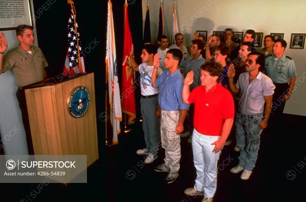 Swearing in of new armed forces recruits during the Gulf War at M.E.P.S. in Boston, Massachusetts.
