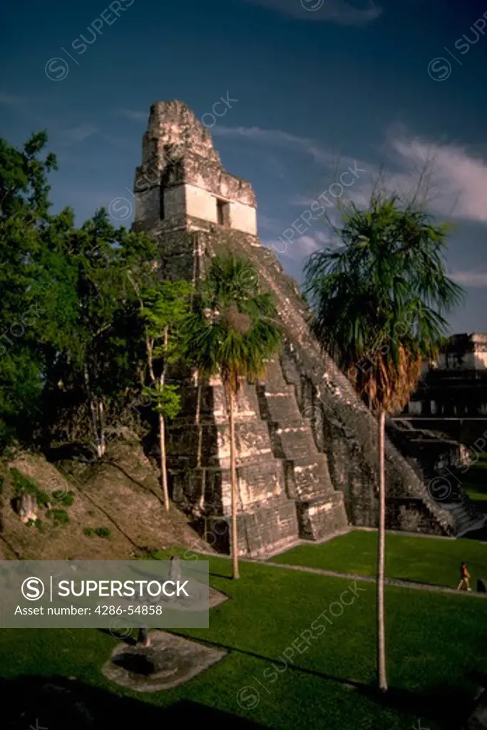 The Temple of the Jaguar is a centerpiece of the Mayan ruins at Tikal, located in the jungle of the Peten Department in northern Guatemala.