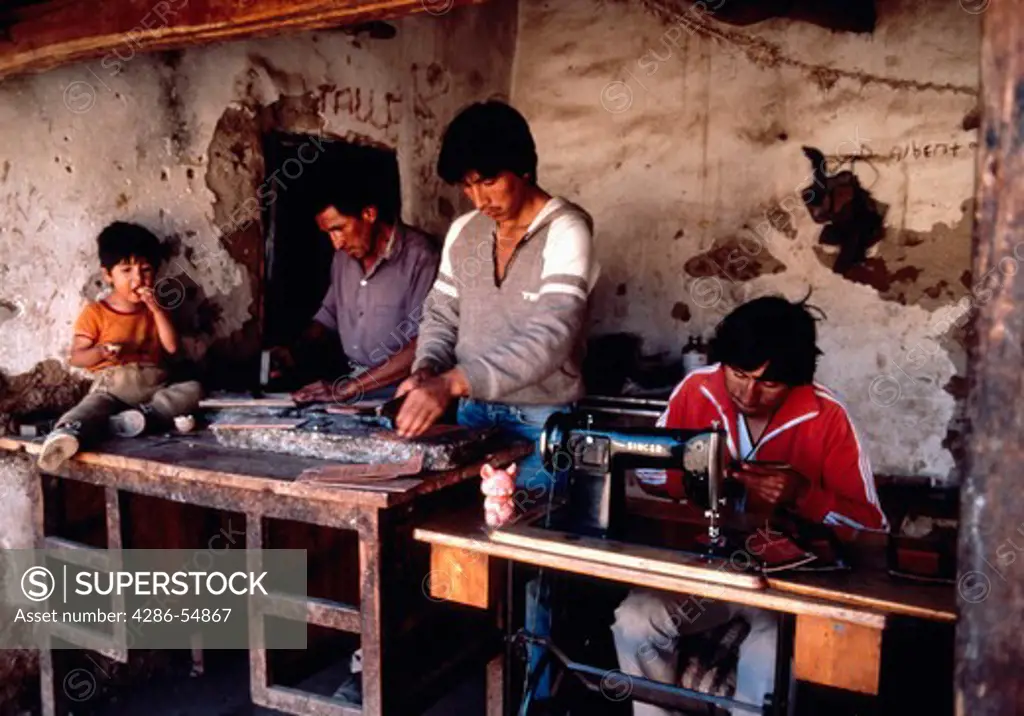 Three generations participate in a home-based, family-run leather workshop near Huancayo, Junin Department, Peru.
