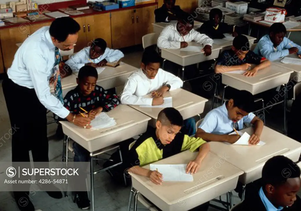 Single-sex classroom, all 4-5th grade boys, at work in Coleman Elementary School, in a disadvantaged section of Baltimore, Maryland.