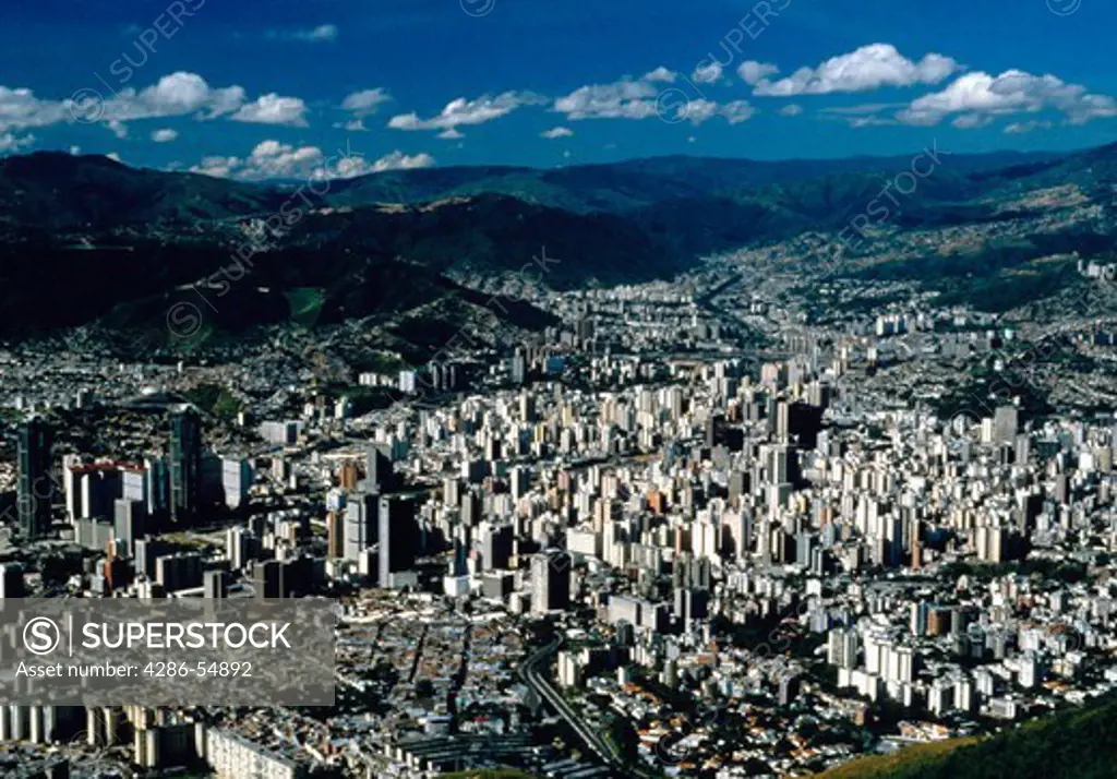Wide aerial view of the capital city of Caracas, Venezuela.
