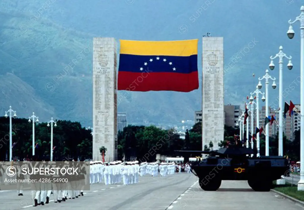 July 5th Venezuelan Independence Day military parade at Los Proceres parade grounds in Caracas, Venezuela. The Mount Avila National Park is visible at rear.