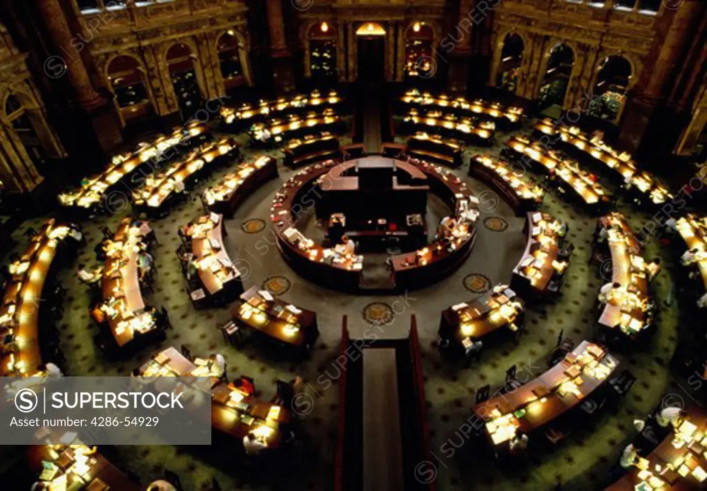 Overhead view of the circular United States Library of Congress Reading Room, Washington, DC.