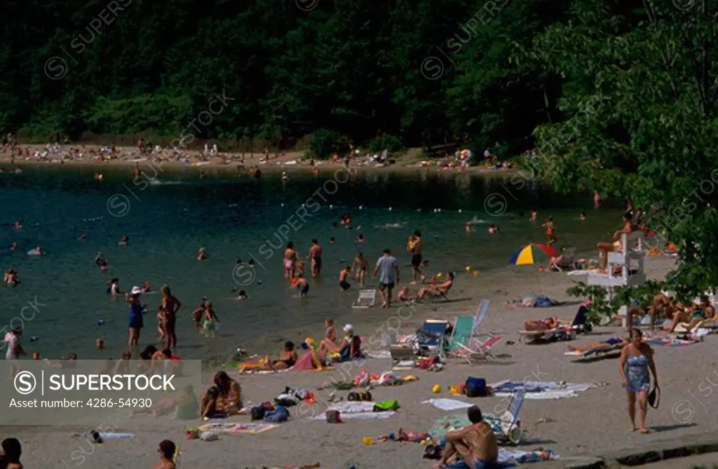 Sunbathers and swimmers enjoy Walden Pond State Reservation in Concord, Massachusetts.