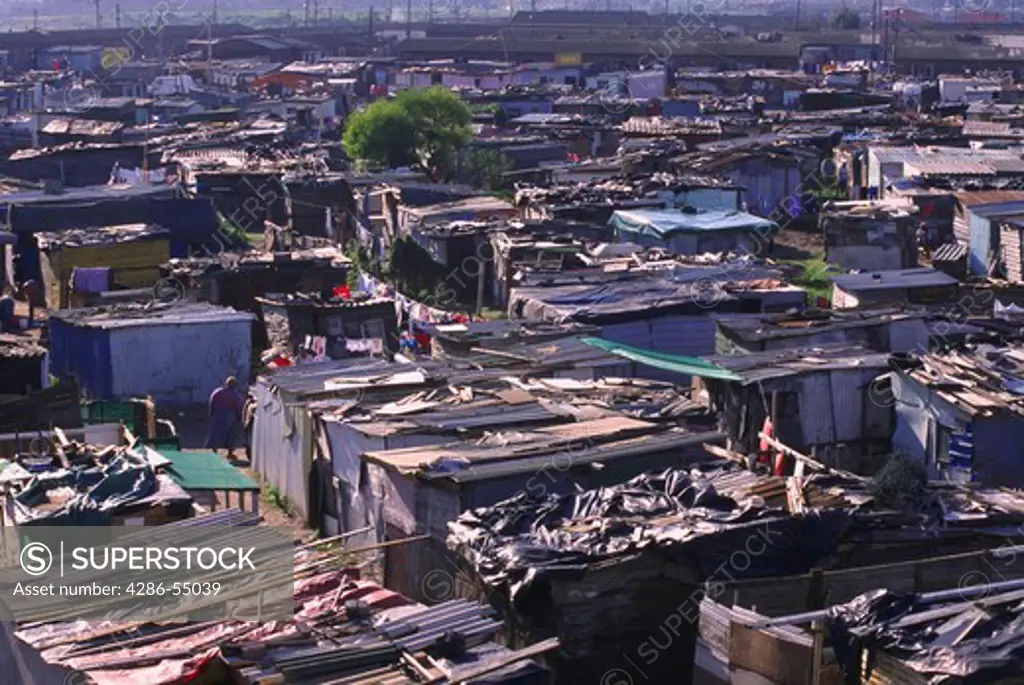 Aerial view of shanties in the black township of Gugulethu in Cape Town, South Africa.