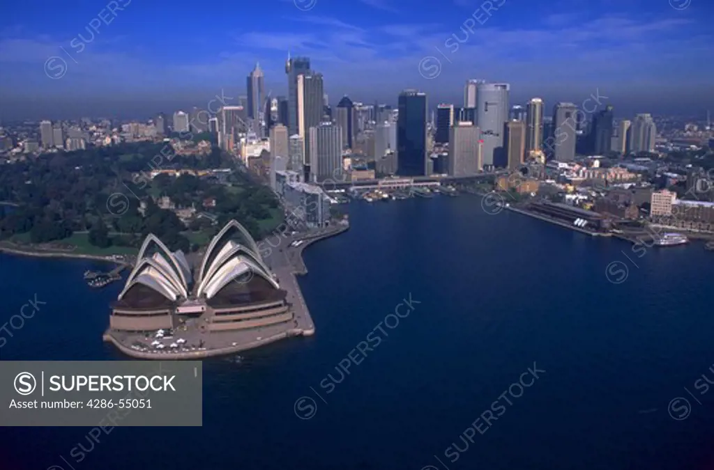 Aerial view of Sydney Opera House and the downtown Sydney skyline, Sydney, Australia.  Sydney is the site of the 2000 Olympic Games.