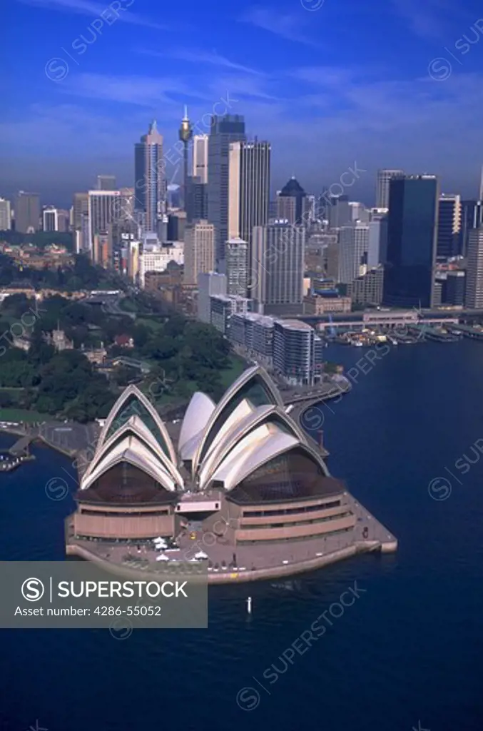 Aerial view of Sydney Opera House and the downtown Sydney skyline, Sydney, Australia. Sydney is the site of the 2000 Olympic Games.