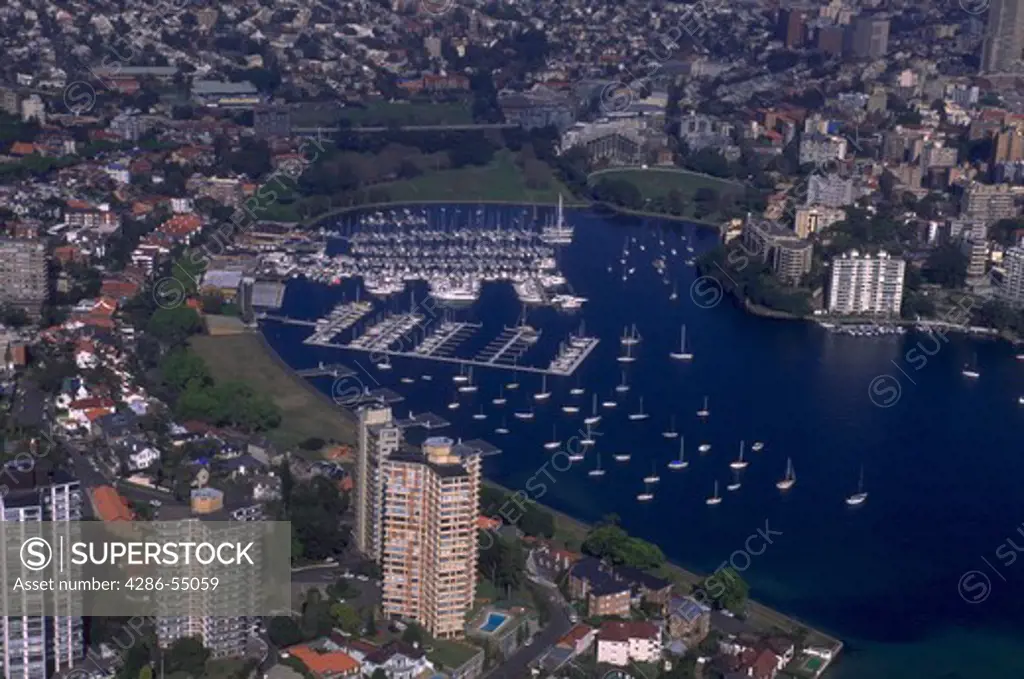 Aerial view of sailboats docked at Port Jackson in Rushcutters Bay, Sydney Harbor, Sydney, Australia. Sydney is the site of the 2000 Olympic Games.
