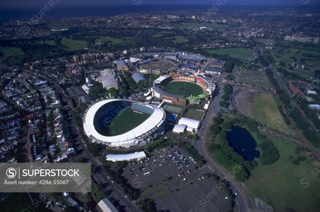 Aerial view of Sydney Football Stadium and Cricket Ground, Sydney Australia. Sydney is the site of the 2000 Olympic Games.