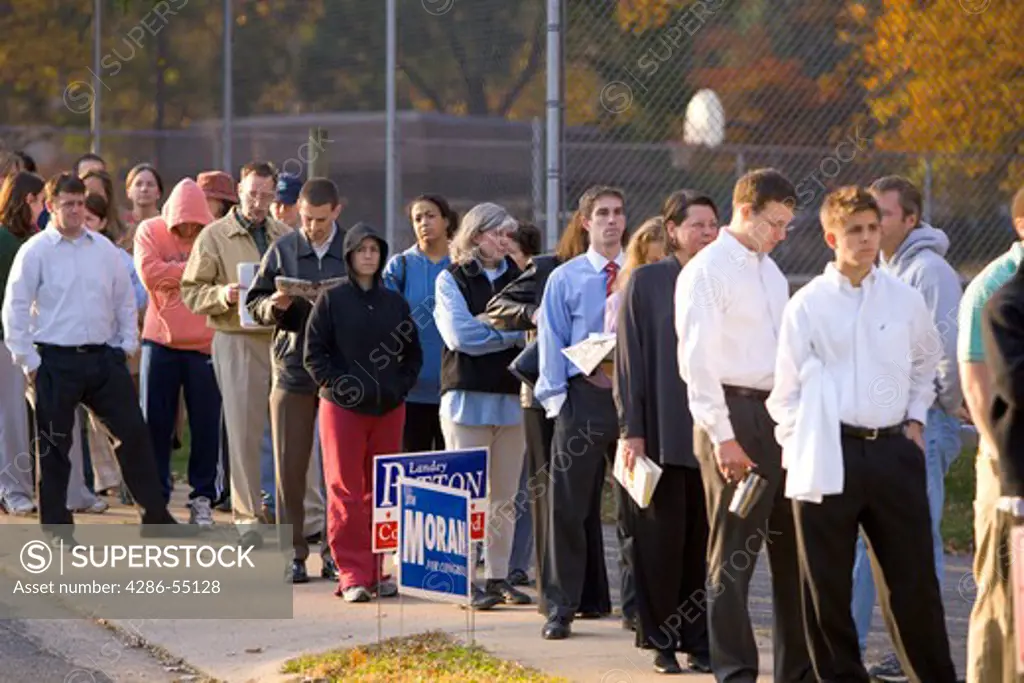 Voters in early morning line for  the presidential election, Lyon Village Community House, Precinct 16 in Arlington, Virginia. 