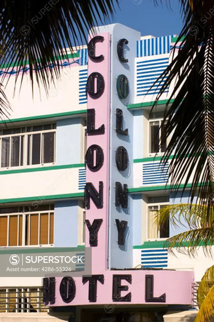 MIAMI BEACH, FLORIDA, USA - The Colony Hotel (1939), on Ocean Drive in South Beach, known for its historical Art Deco architecture.