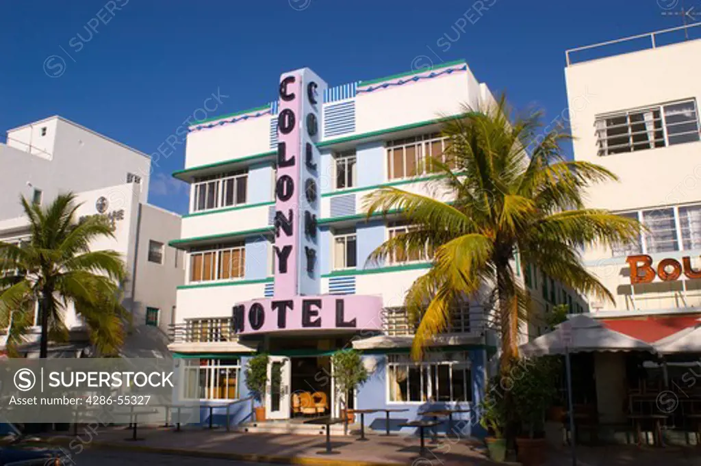 MIAMI BEACH, FLORIDA, USA - The Colony Hotel (1939), on Ocean Drive in South Beach, known for its historical Art Deco architecture.