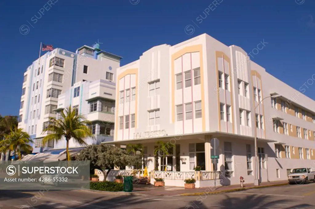 MIAMI BEACH, FLORIDA, USA - The Majestic Hotel, on Ocean Drive in South Beach, known for its historical Art Deco architecture.
