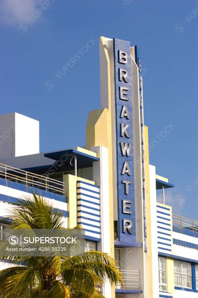 MIAMI BEACH, FLORIDA, USA - Breakwater Hotel (1933), on Ocean Drive in South Beach, known for its historical Art Deco architecture.