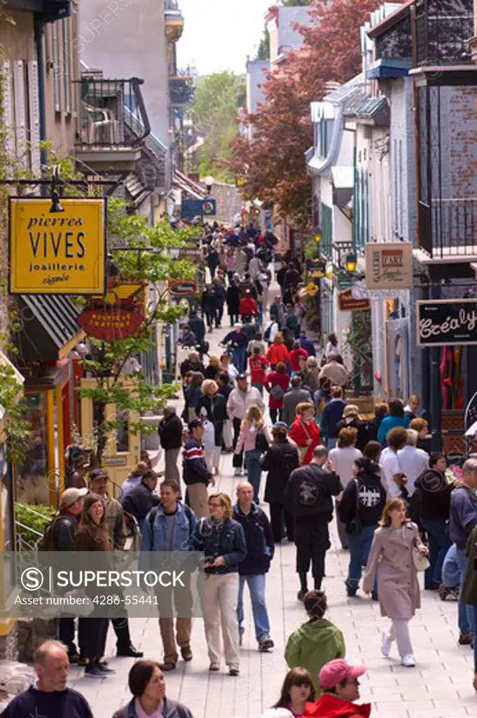 QUEBEC CITY, QUEBEC, CANADA - Tourism on Petit Champlain Street, in Old Quebec City. People walk along the narrow street shopping for souvenirs.