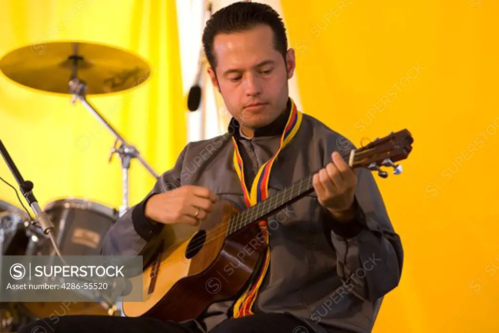 WASHINGTON, DC, USA - Grupo Cimarr¢n de Colombia, from Bogot, Colombia, performing at the Smithsonian Folklife Festival. They are masters of the jorpo musical tradition which is practiced along the plains (llanos) of Colombia and Venezuela.